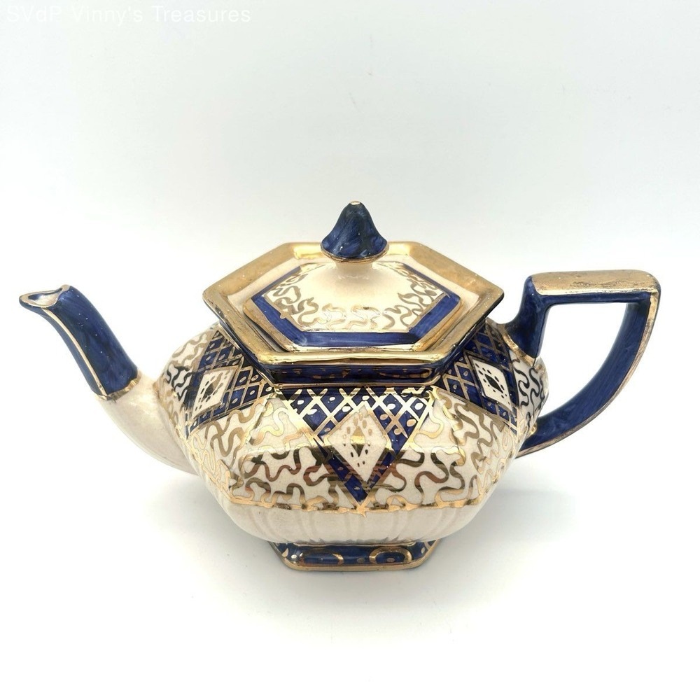 Vintage Imari Style Teapot Cobalt Blue and Gold Gilt Geometric Pattern 2 Piece